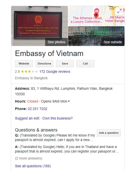 Google search of Vietnam embassy in Bangkok