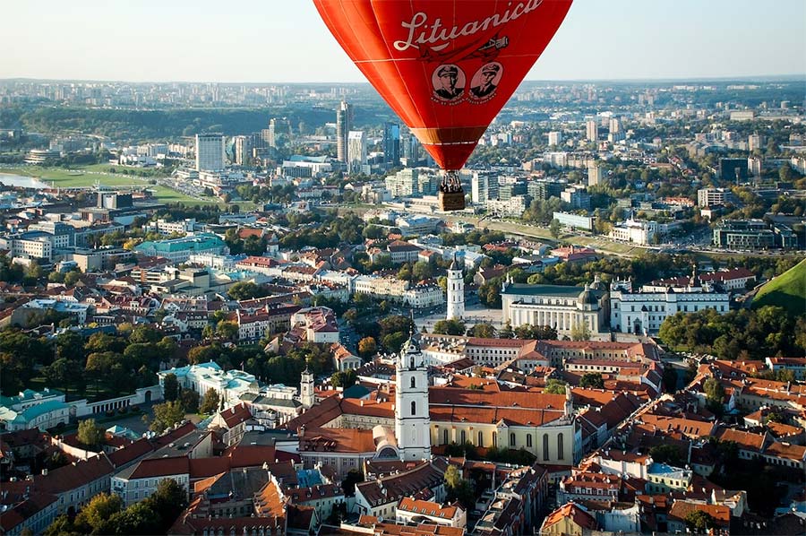 Vilnius old town with a red hot air balloon